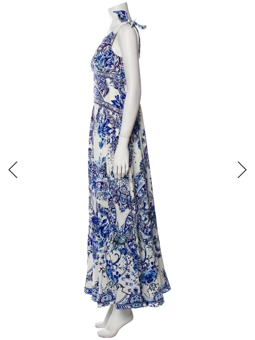 Camilla Blue and White Printed Tie-Shoulder Evening Gown - Picture 2 of 3